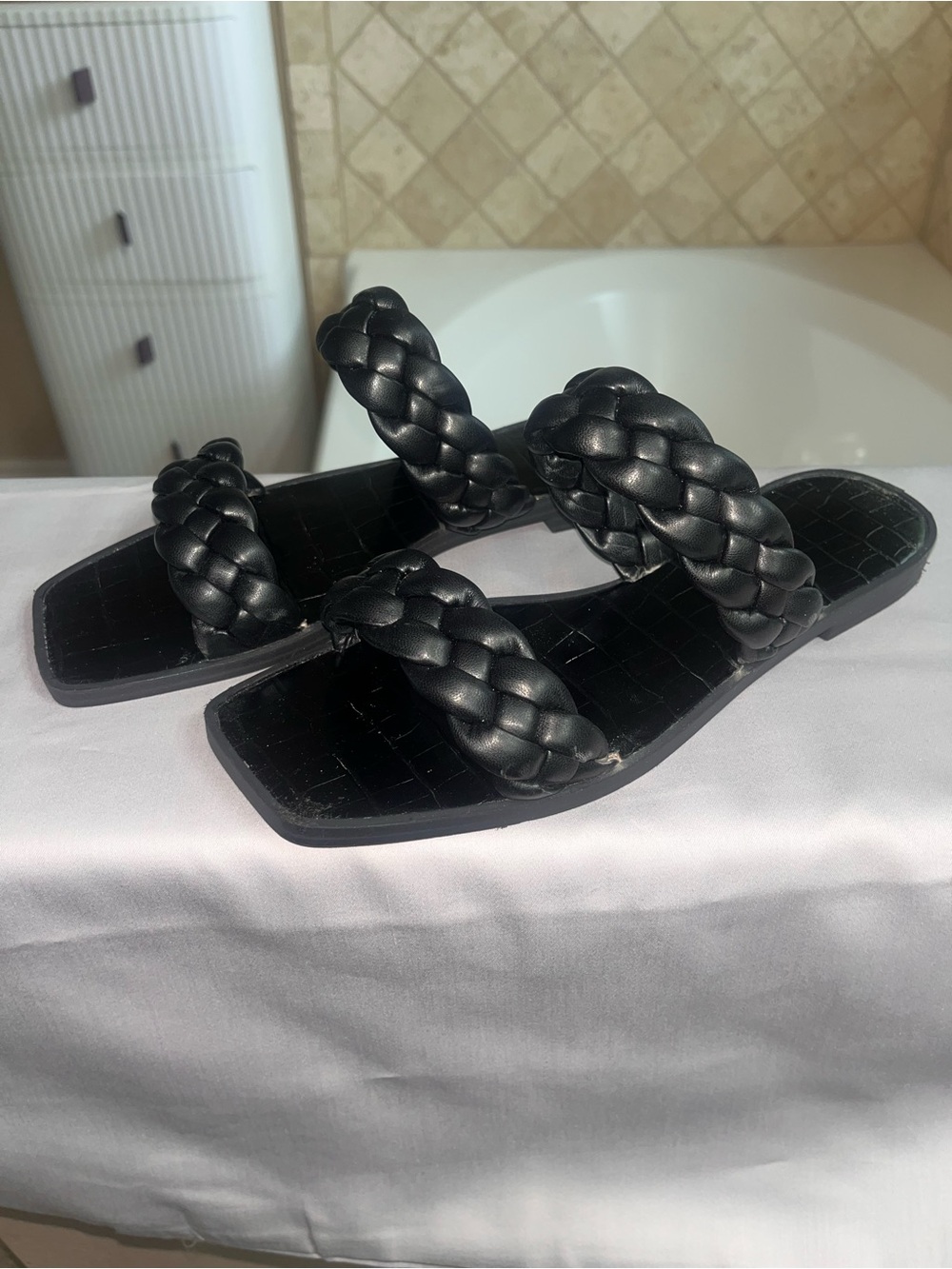 Braided Double-Strap Black Slide Sandals